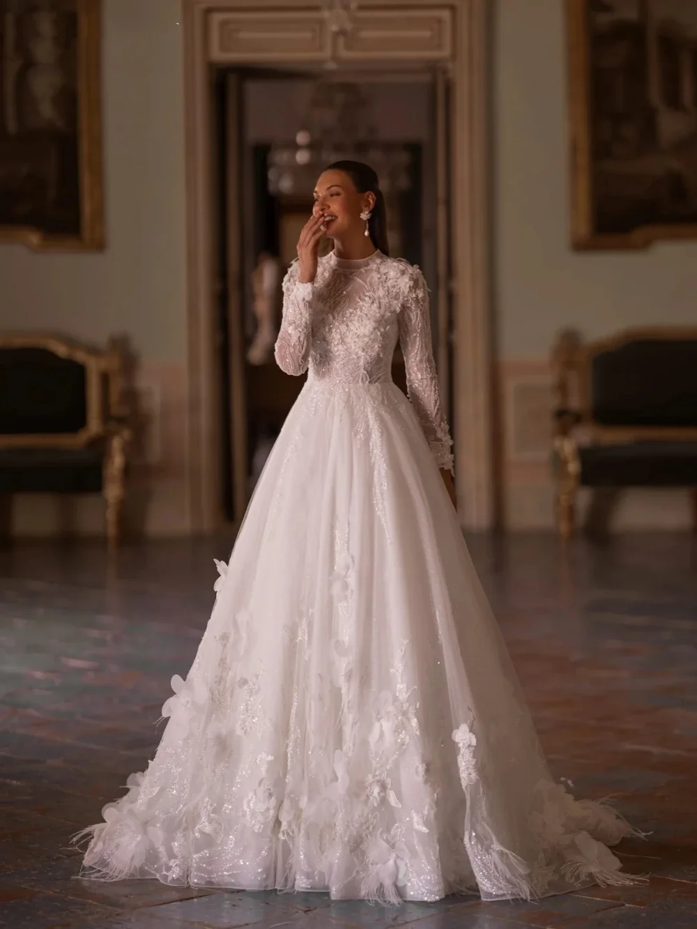 Vestido De novia De cuello alto personalizado, cuentas brillantes, apliques elegantes, corte en A, Vestido De novia