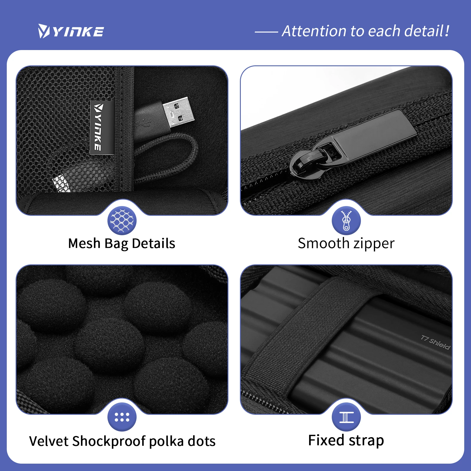 YINKE-carcasa rígida EVA Compatible con Samsung T7 / T7 Touch / Shield SSD, disco duro portátil, almacenamiento de viaje, cubierta protectora