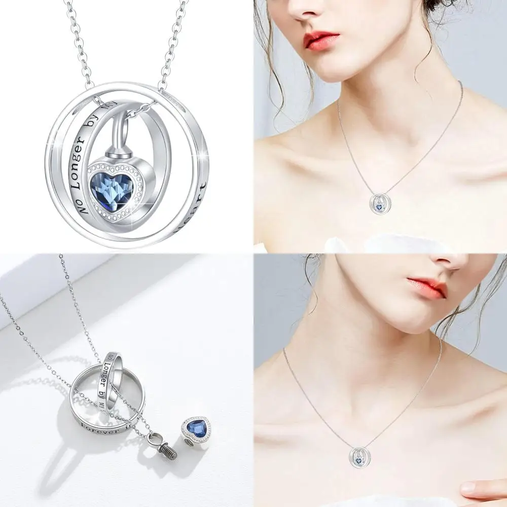 

Sterling Silver Cremation Urn Necklace with Heart Crystal, Ashes Memory Jewelry, Forever in Heart, No Longer by Side