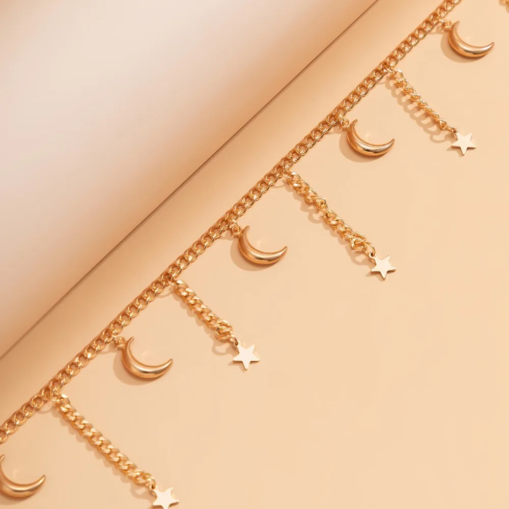 Liontin rumbai rantai pinggang seksi tubuh logam perhiasan gaun ikat pinggang bulan bintang rantai perut wanita