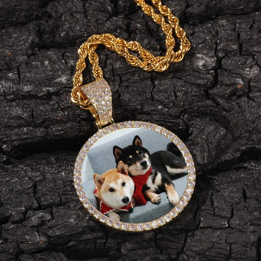 Ice Out DIY Photo Memory Medallions Pendant Necklaces Hip Hop Sublimation Cubic Zircon Round Pictures Charms Unisex Mens Jewelry