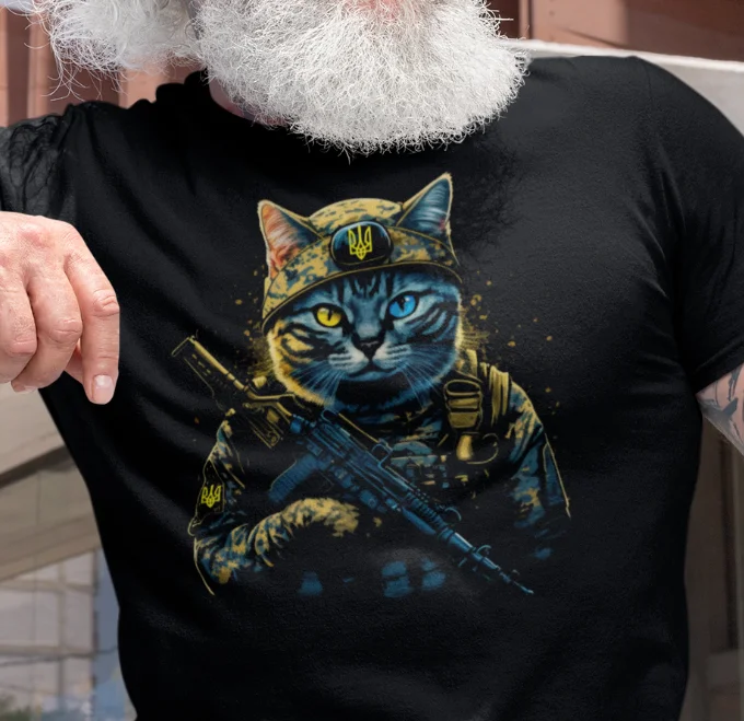 Ukraine Cat Soldier Ukrainian Trident T-Shirt 100% Cotton O-Neck Summer Short Sleeve Casual Mens T-shirt Size S-3XL