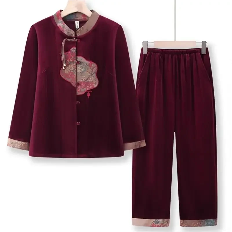 

Модный комплект из двух предметов для пожилых людей, весна-осень, женский костюм для бабушки, костюм для мамы в китайском стиле, золотой бархатный весенний костюм, новый костюм среднего возраста