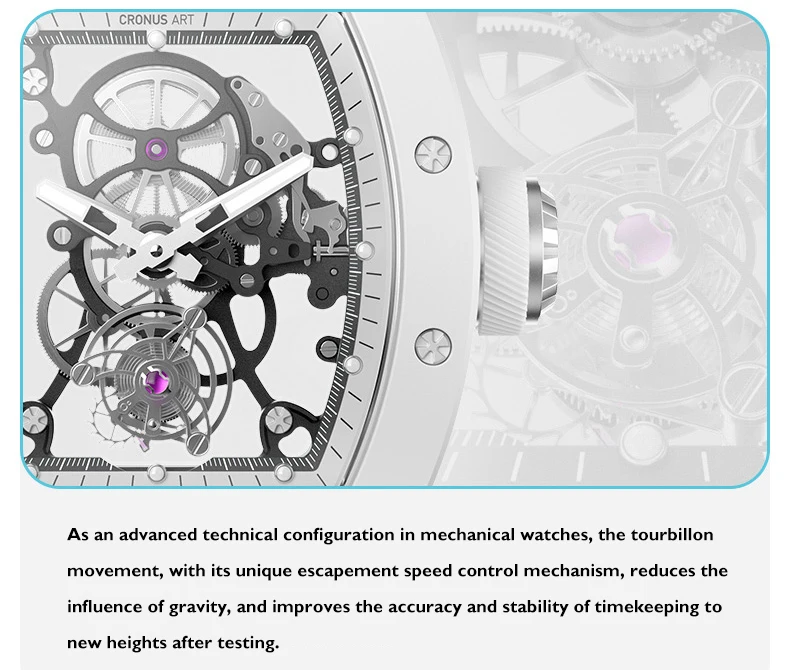 Reloj CRONUSART Tourbillon para hombre, 50mm x 42mm, esfera con mecanismo al descubierto de Panda, reloj de pulsera mecánico Tonneau, caja de zafiro, correa de caucho fluorado