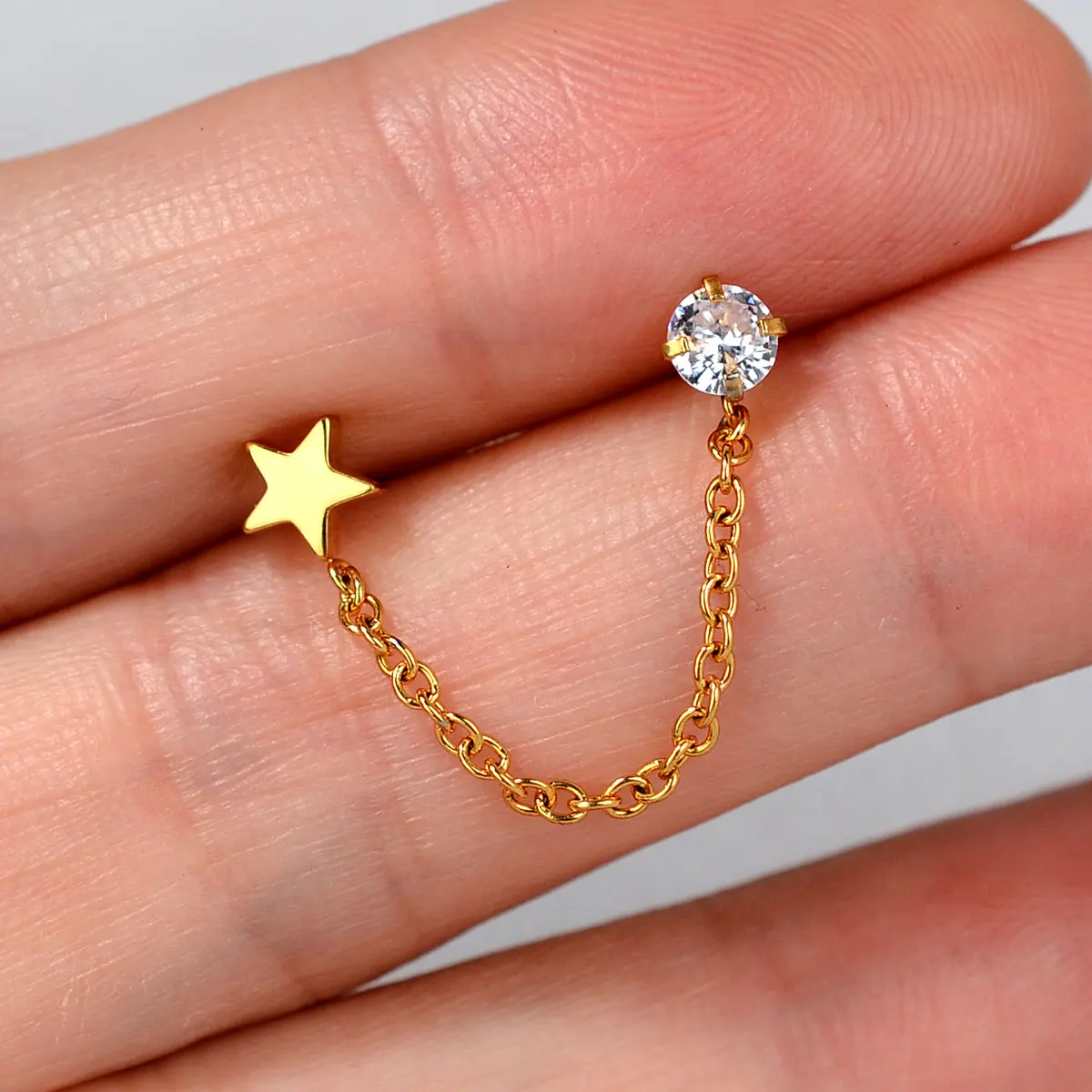 1 piece New Double Ear Holes Studs Tassel Chains Hanging Earring Women Crystal CZ Heart Star Piercing Stainless Steel