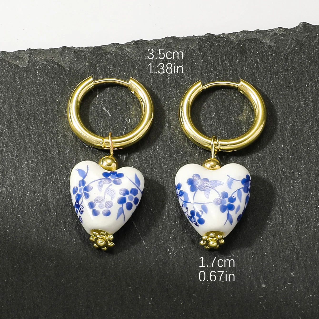 Retro Chinese Style Ceramic Love Earrings Stainless Steel Blue Print Flower Porcelain Earrings Party Vintage Jewelry