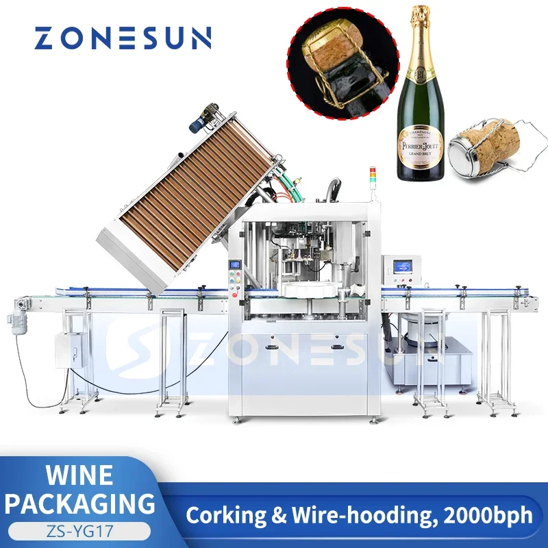 ZONESUN Automatic Wine Corking Wire Hooding Monobloc Champagne Glass Bottle Sealing Cork Feeding Packaging Equipment ZS-YG17