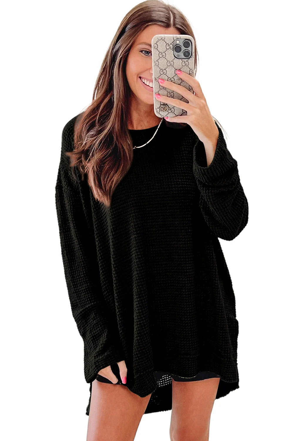 

Осенний женский пуловер с длинными рукавами, однотонный, свободный и повседневный, вафельный - трикотаж, с высоким разрезом LD800039