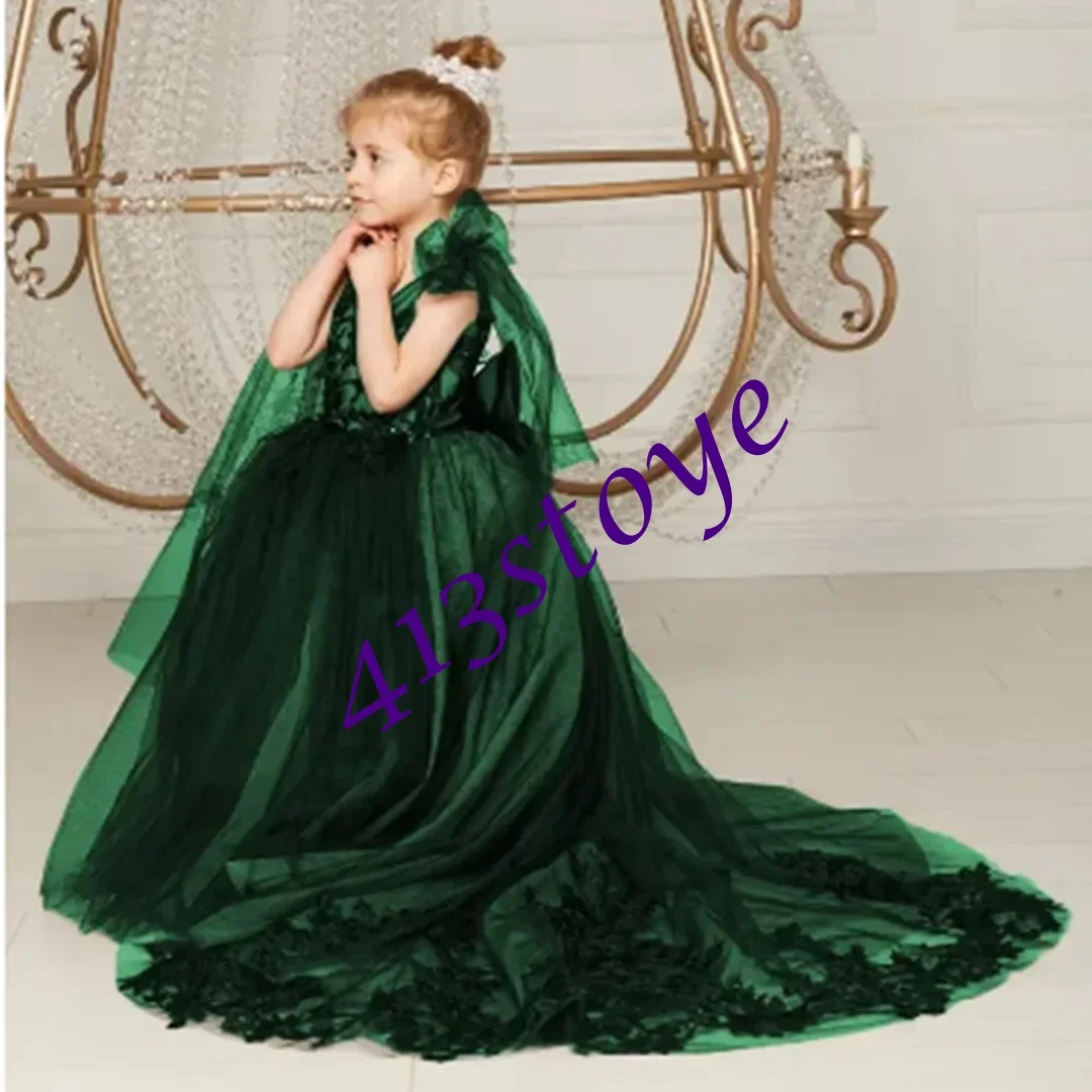 

CustomizedDouble V Neck Flower Girl Dresses With Bow Toddlers Lace Tulle Princess Pageant Dress Kids Brush Train Wedding Party G