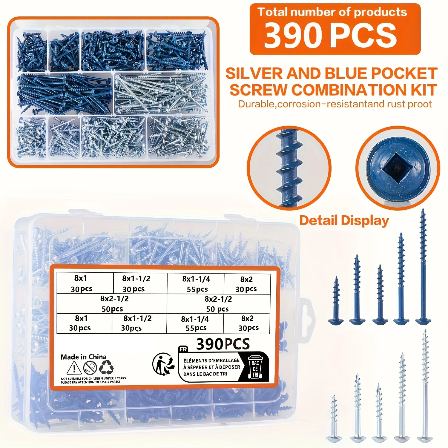 

Pocket hole screws 390 pieces, blue and silver #8x1 inch #8x2 inch #8x1-1/2 inch #8x15 inch #8x2.5 inch wood screws, square driv