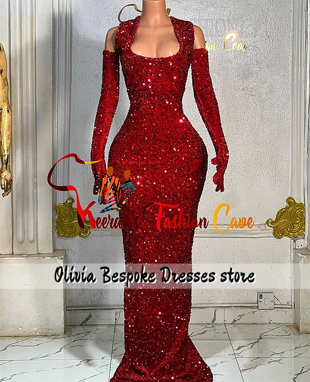 Flamboyant Red Sequin Aso Ebi Prom Dresses 2025 Luxury Mermaid Evening Gown With Gloves African Wedding Party Dress Customized