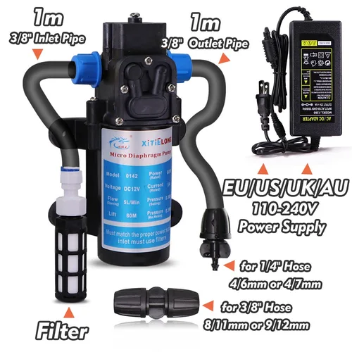 Imagen 2 del producto Bomba autocebante de diafragma de presión de agua de 45/60/80/100W con Kit de fuente de alimentación de 110-240V riego de jardín riego agrícola