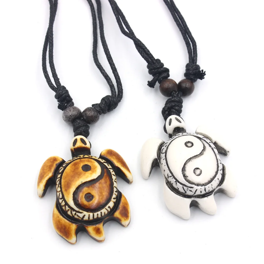 Hawaiian Turtle Necklace for Men Women's Surfer Imitation Yak Bone Yin Yang sea turtle Pendant Necklace Adjustable Jewelry