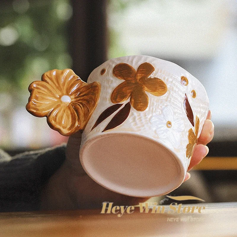 3D Relief Camellia Flower Ceramic Mug,Retro Handmade Hand Drawn Irregular Coffee Cup Christmas Present Water Cup