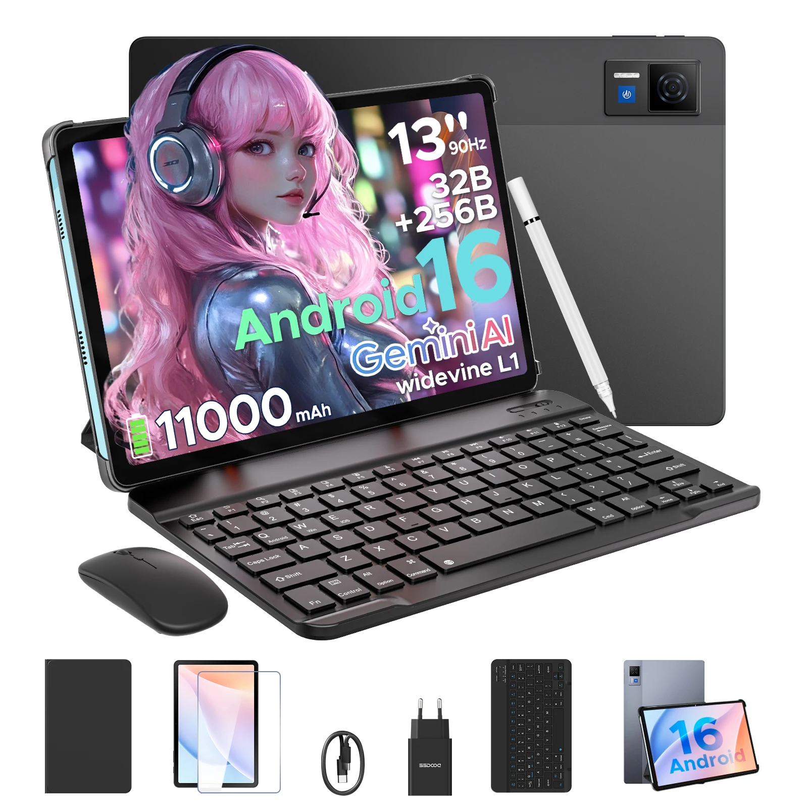 DOOGEE U13 2 In 1 Tablet PC 13'' Screen 32GB(6GB+36GB) 256GB 11000mAh Battery Quad Speakers UNISOC T7280 Android 16 Widevine L1