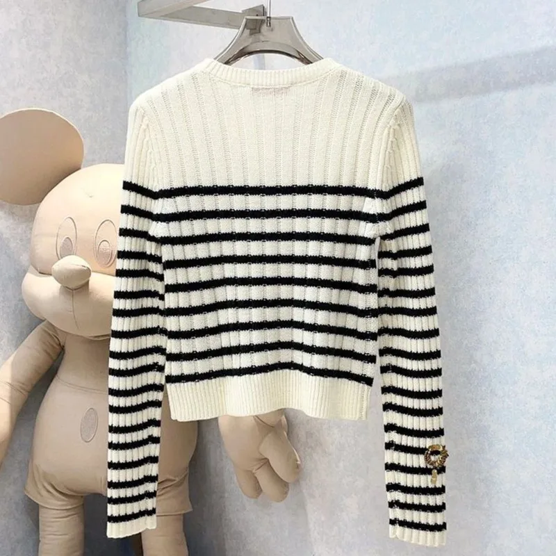 [oein]2025 Early Autumn New Pullover Sweater With Nail Beads, Bow Tie, Knitted Sweater, Striped Sweet And Versatile Wool