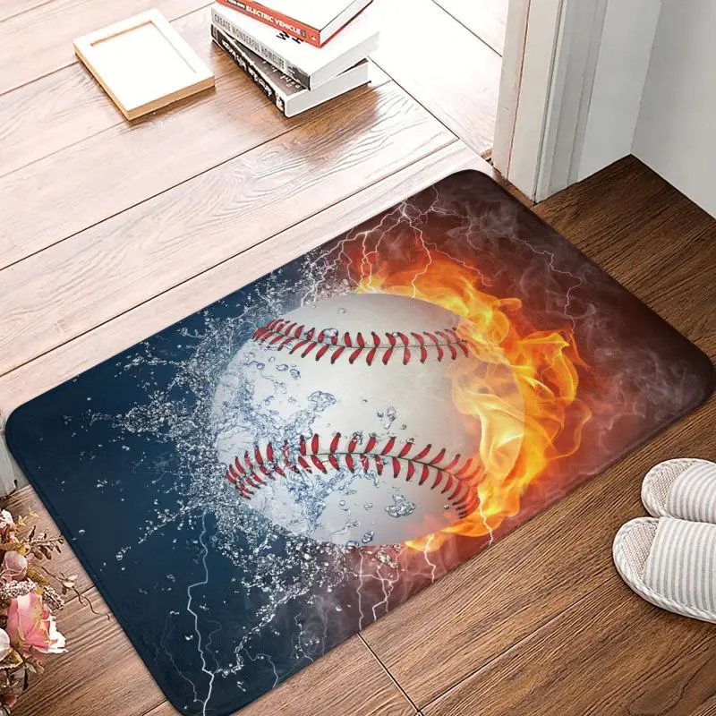 Baseball Ball In Fire And Water Front Door Floor Entrance Mat Indoor Kitchen Bathroom Doormat Living Room Carpet Rug