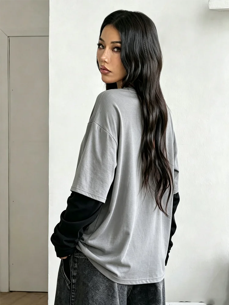Autumn Women Y2K Grunge Butterfly Vine Print Fake Two Piece Round Neck Long Sleeve Loose Tee Casual Streetwear
