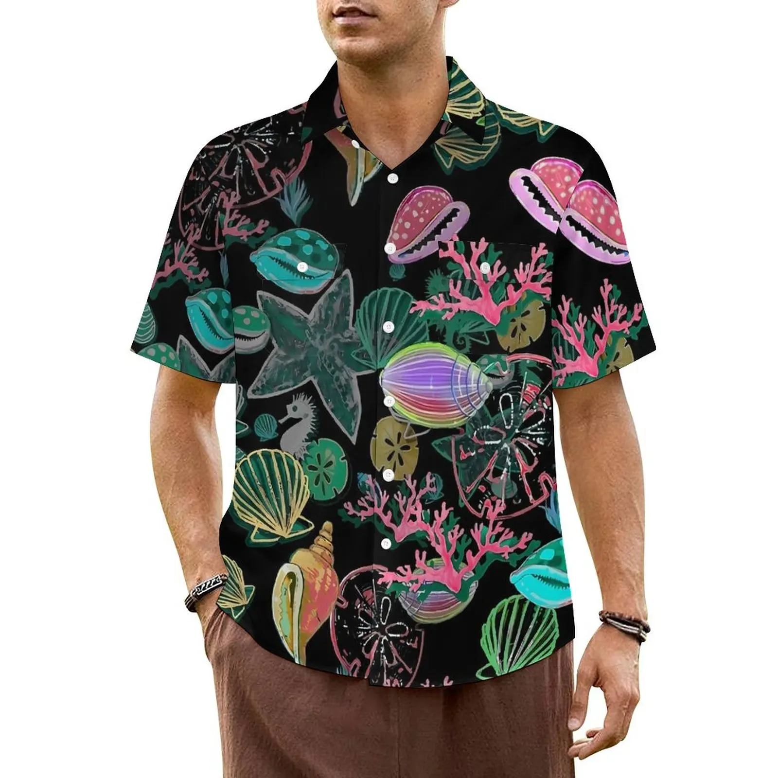 

Colorful Sea Shells Beach Shirt Male Reef Madness Vintage Casual Shirts Hawaiian Short Sleeve Harajuku Oversized Blouses Present