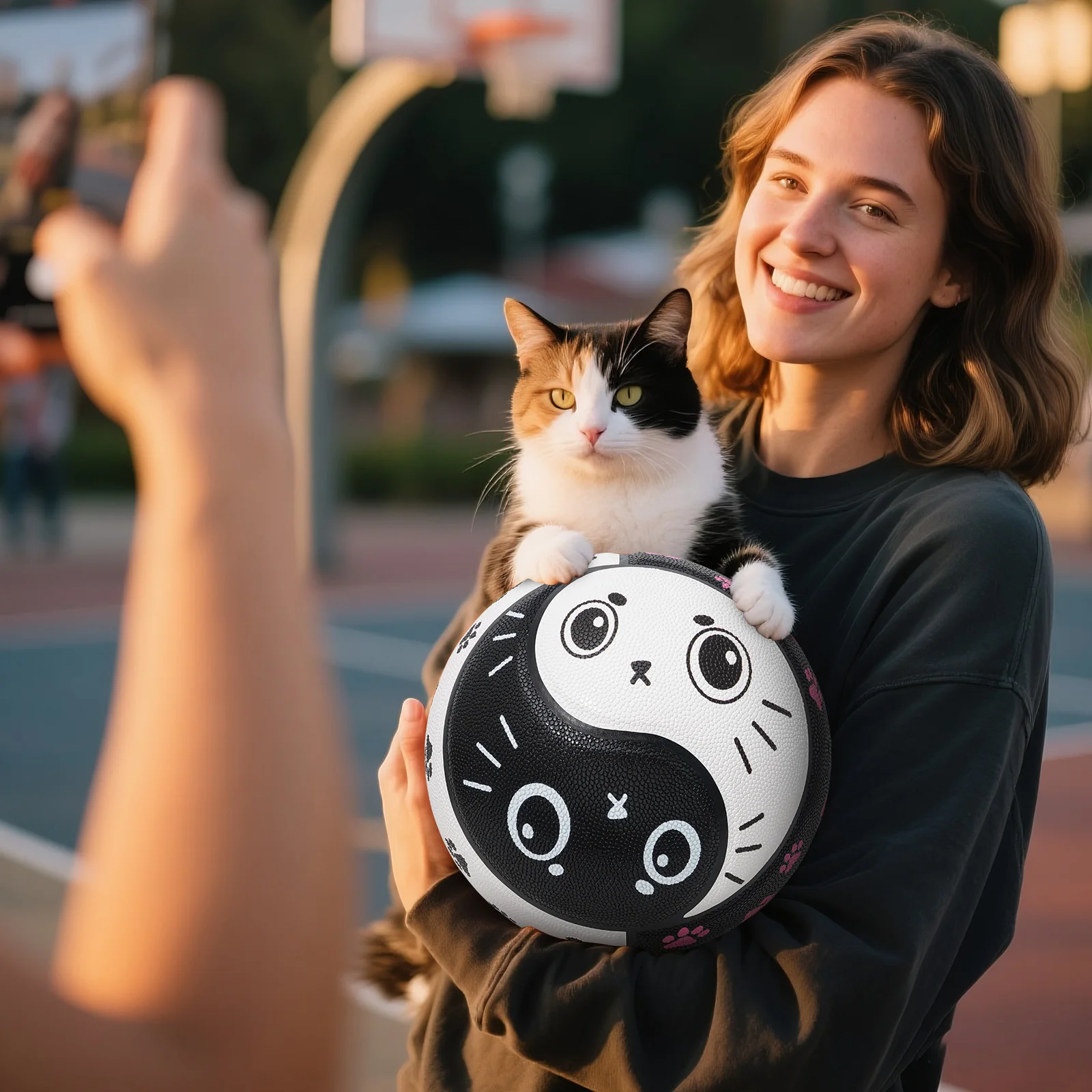 Kuangmi PU บาสเกตบอล Tai Chi ออกแบบแมวน่ารักพิมพ์ในร่ม/กลางแจ้ง High BOUNCE & Anti-SLIP Size7 29.5 ",KMbb621