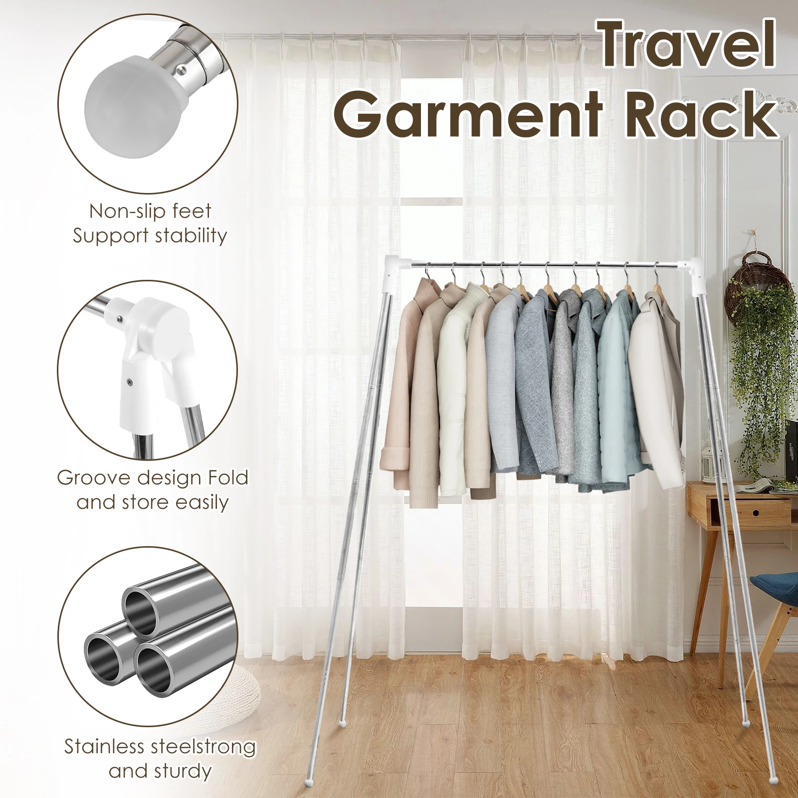 Foldable Clothes Drying Rack Stainless Steel Floor Stand Clothes Hanger Retractable Portable Travel Garment Rack for Outdoor