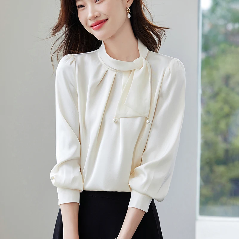 Bow Collar Shirts for Women 2025 Spring Vintage White Shirt Women Satin Professional Ladies Tops Korean Fashion Women's Clothing
