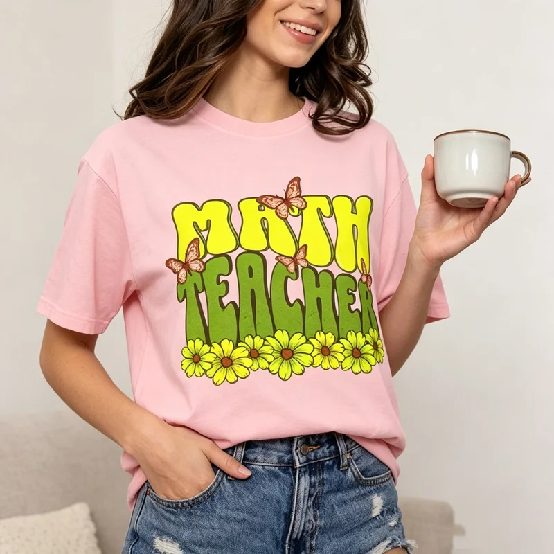 Math Teacher T Shirt Women Retro Letter Flower Butterfly Print Casual Cotton Short Sleeve Gift Top Harajuku Y2k Top Summer