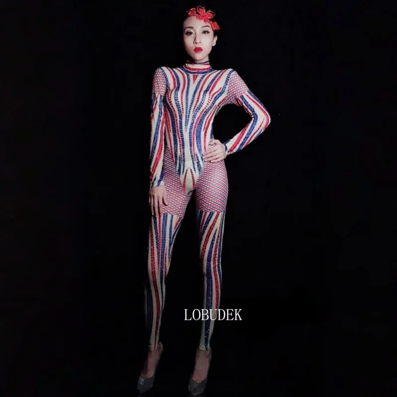 

Women's Sparkly Rhinestones Mesh Jumpsuit Red Blue Drag Queen Costume Sexy Stage Wear Singer Dancer Club Leotard Nightclub Bar