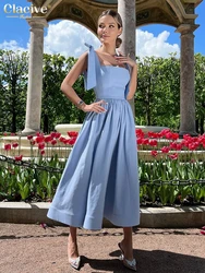 Clacive Sexy Loose Blue Women'S Dress 2024 Summer Strap Sleeveless Ankle Length Dresses Elegant High Waist Pleated Female Dress