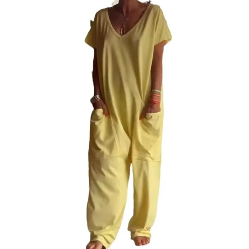 Streetwear Fashion Women Summer New Loose Jumpsuits Solid Color Casual Short Sleeves V Neck Pockets Long Pants Lady Daily Romper
