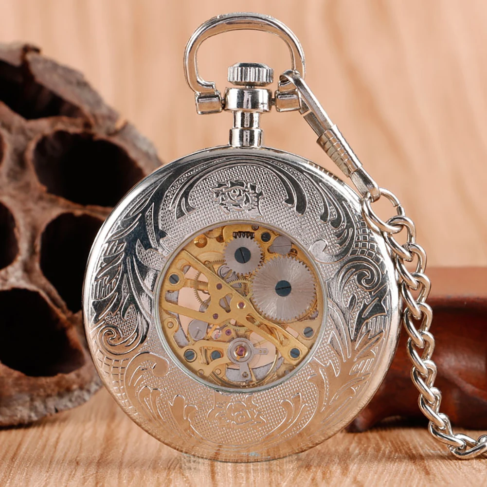 Men's Mechanical Pocket Watch Open Face Roman Numerals Dial FOB Chain Pendant Clock Silver Elegant Vintage Timepiece Gift