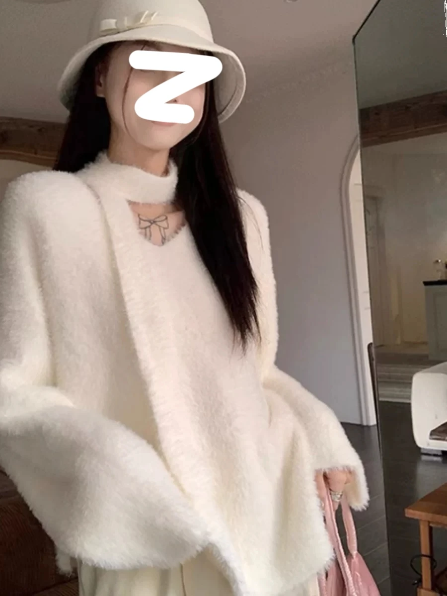 秋冬レディースニットミンクセータールーズフフトップソフトスリーブレイジースリーブVネックロングスリーブ暖かいサーマルファション