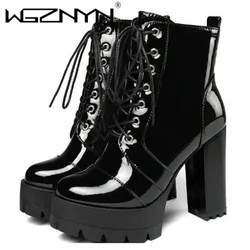 2025 Thick High Heeled Female Patent Leather Ankle Boots Round Toe Lace-up Zipper Women Short Boot Gothic Women Shoe Botas Mujer