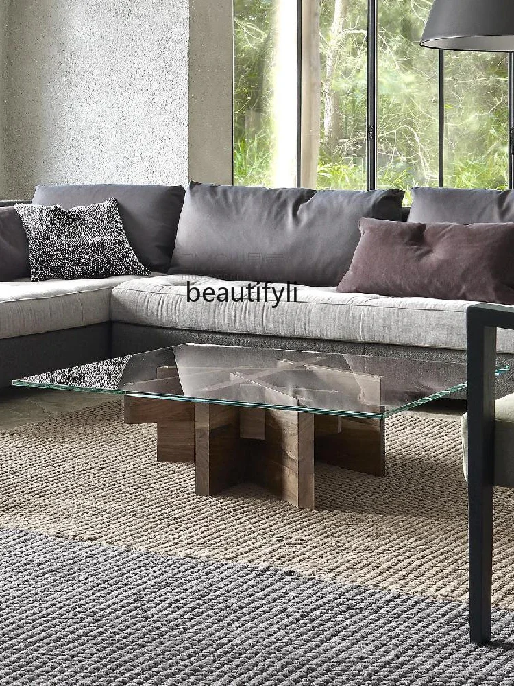 

zzItalian Minimalist Glass Coffee Table Solid Wood Coffee Tea Table Living Room Square Tea Table