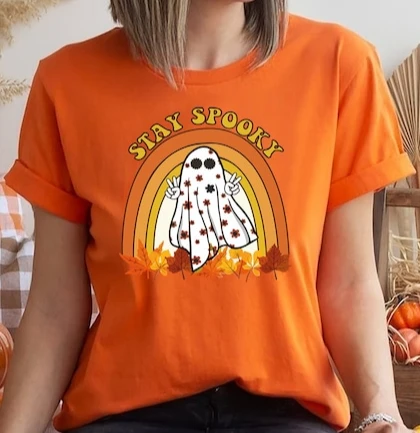 HORROR FRIENDS HALLOWEEN Shirts Funny Halloween Costume Pumpkin Witch Skull Monster Stay Spooky Short-sleev Tops Harajuku Tee