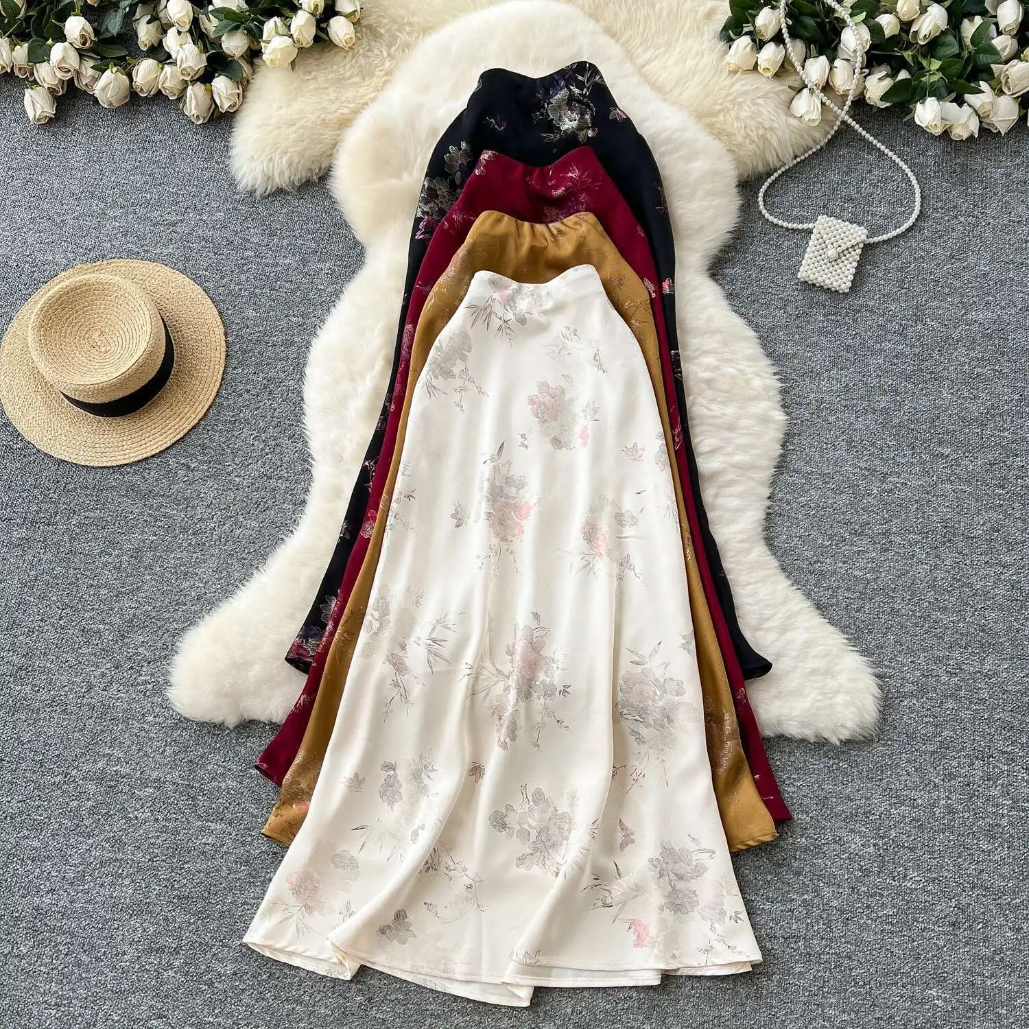 

Женская юбка-рыбий хвост с принтом, летние элегантные атласные юбки средней длины с высокой талией и цветочным принтом