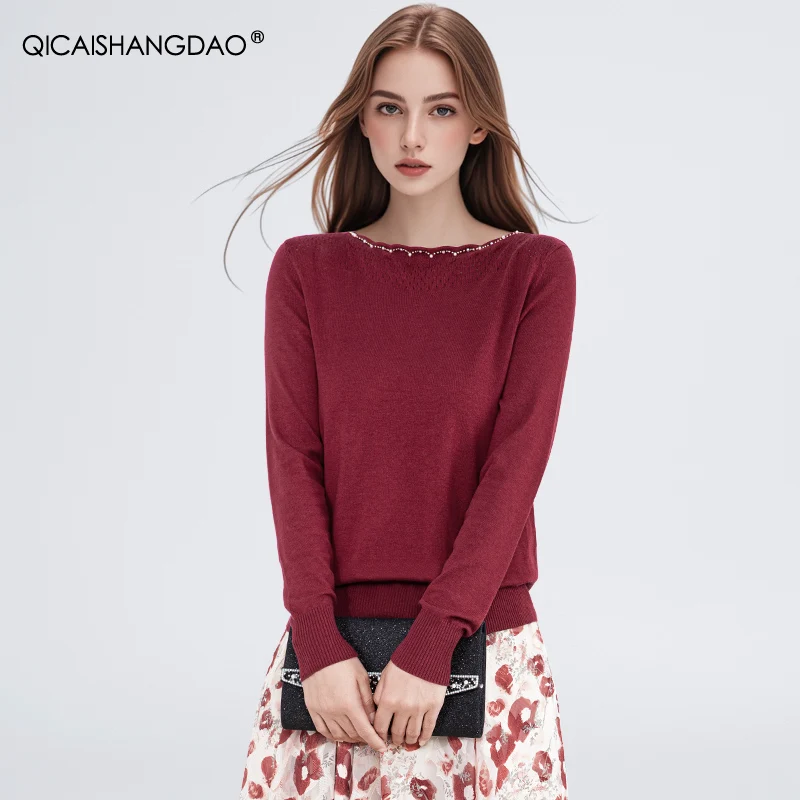 Fashion Slash Neck Pearls Beaded Women' Knit Sweater Long Sleeve Warm Cozy 2024 Fall Winter Female Casual Pullovers Tops