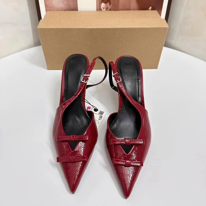 TRAF Red Bows Stilettos Slingbacks Pumps Women Point Head Patent Leather High Heels Adjustable Metal Buckle Sandals For Woman