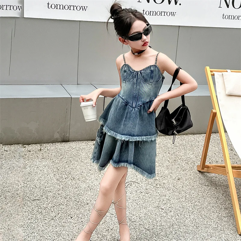 

girls French denim dress suspender 2024 jeans vintage high waist layered ruffles A-line dress kids clothes tassel 6 to 16 years