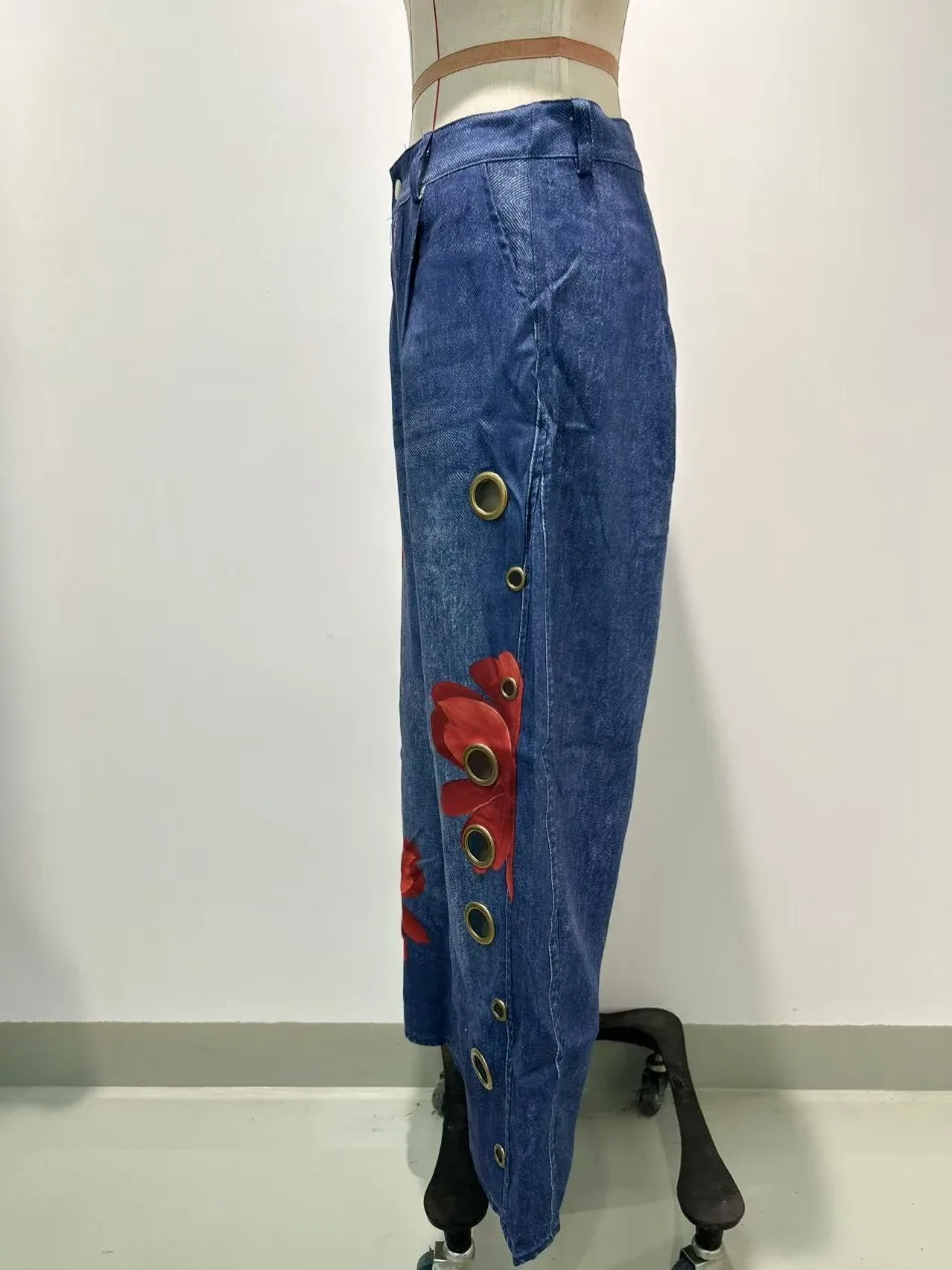 Frühling Herbst Neu im Sortiment Imitations-Jeans für Damen, bedruckt, lässig, locker, Retro-Street-Fashion, weites Bein – Detail 11