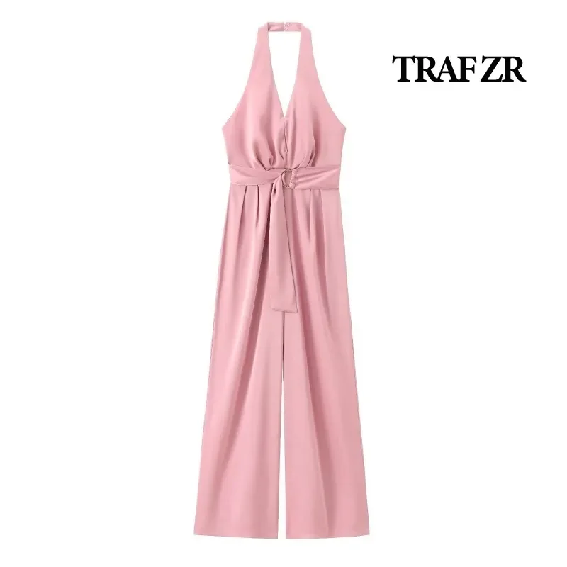 TRAF ZR Sexy Bodysuit Halter Neck Long Jumpsuits Women Elegant Luxury Women's Summer Jumpsuit with Trousers Solid Jumpsuits