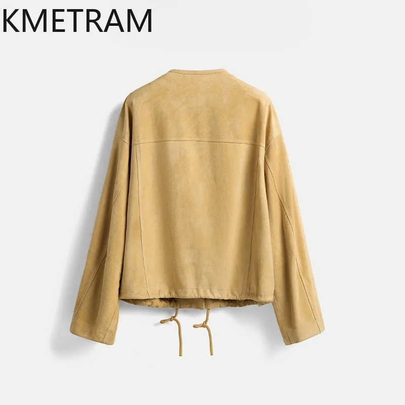 KMETRAM Genuine Leather Jacket Woman Crossbreed Sheep Suede Leather Coat Round Neck Outerwear Crop Coats for Woman Causal 가죽자켓