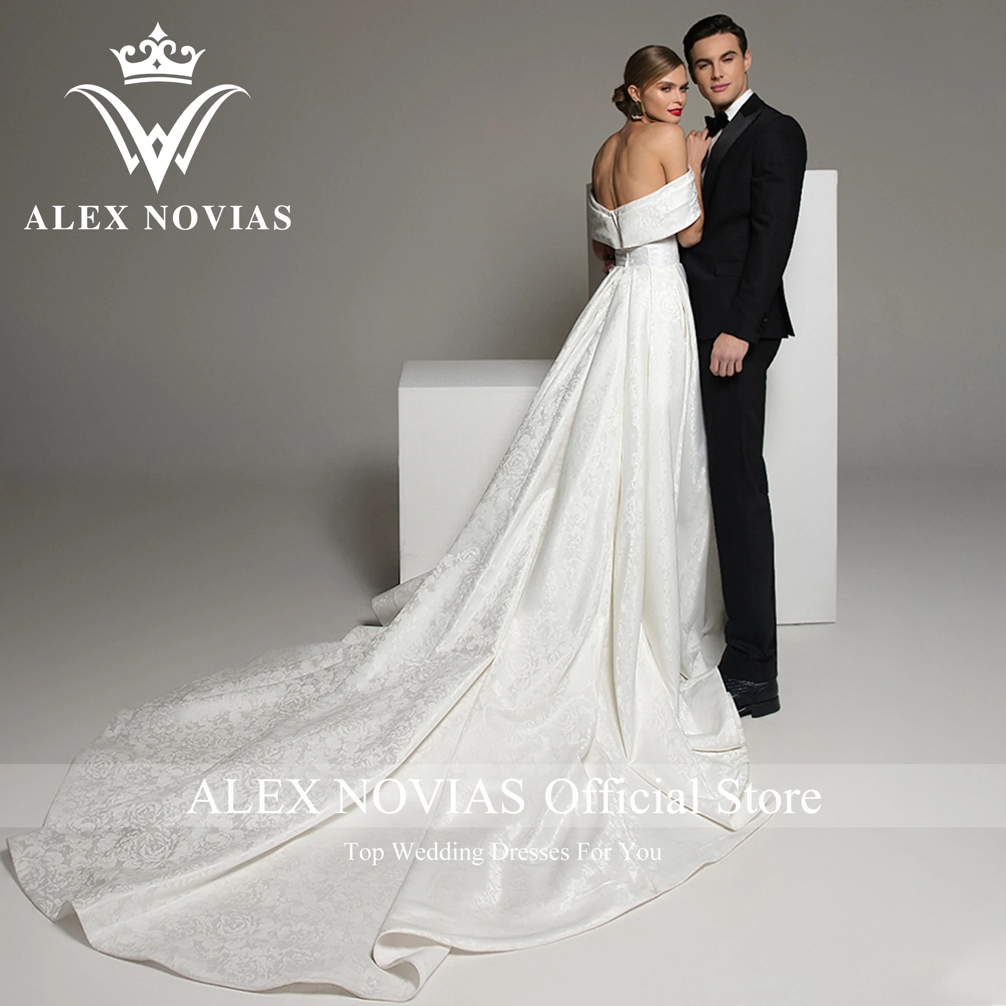 ALEX NOVIAS A-Line Satin Wedding Dress 2023 Off the Shoulder V-neck Floral Print Slit-Hem Wedding Gown Vestidos Novias De Saten