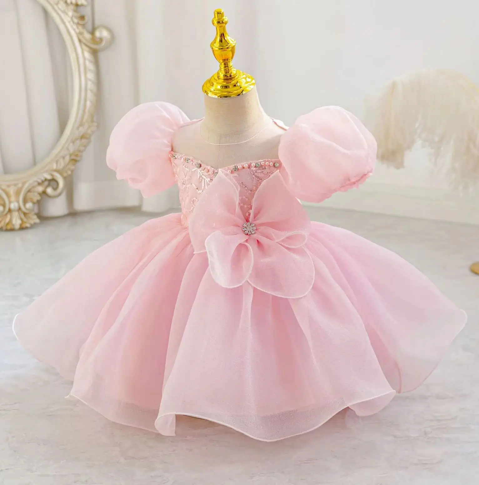 2026 Baby Girl 1st Birthday Party Dress Pearls Vintage Girls' Princess Dresses Puffy Child Clothing