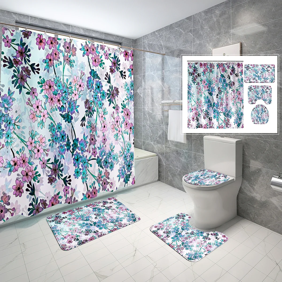 4 Pcs Flower Style Shower Curtain Sets with Non-Slip Bath Mat,Toilet Lid Cover,Garden Flowers Pattern Design Shower Curtain Set