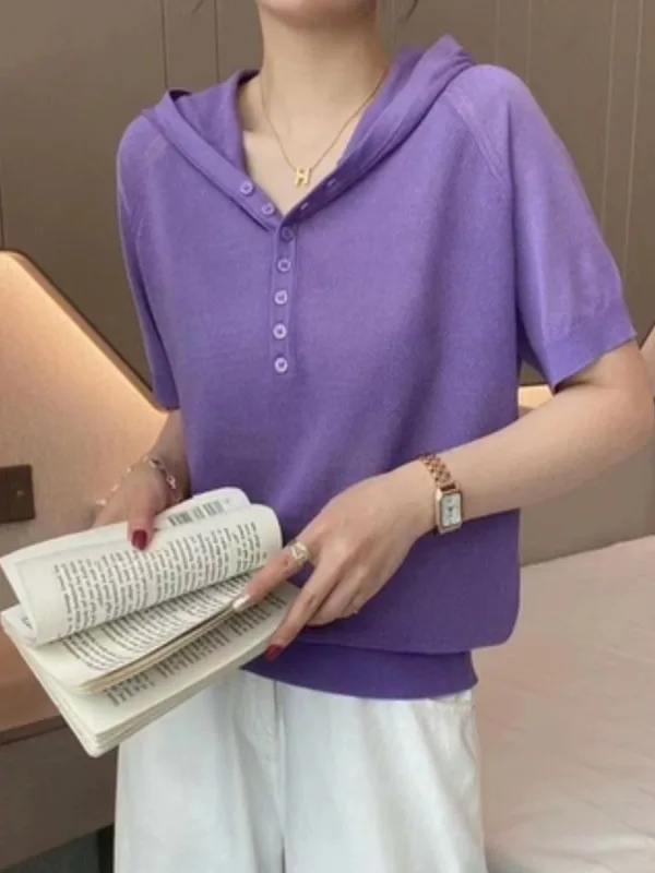 Los ijszijde gebreid ort Sve T-shirt voor dames met hoed Zomer lichtgewicht ademend comfortabel f Sve hoodie