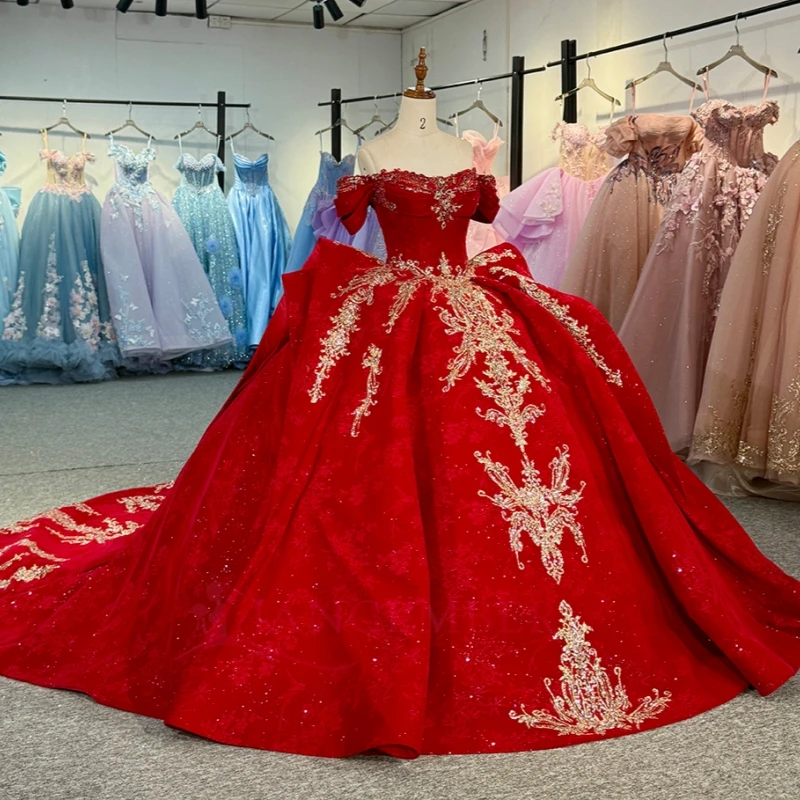 Vestidos quinceanera vermelhos fora do ombro, apliques dourados, renda, miçangas, cristal, festa de aniversário, doce 16, 15 de anos