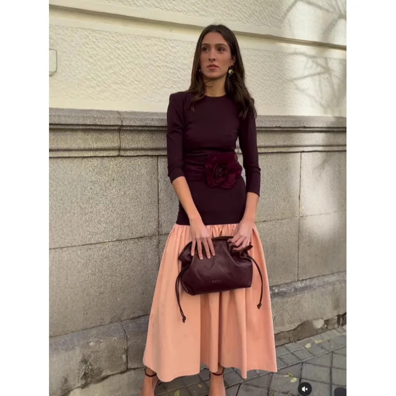 

Women Maxi Skirt Fashion 2025 New Elegant Contrast Spliced Pleated Round Collar Long Sleeve Slim Robe Female Partywear Dresses