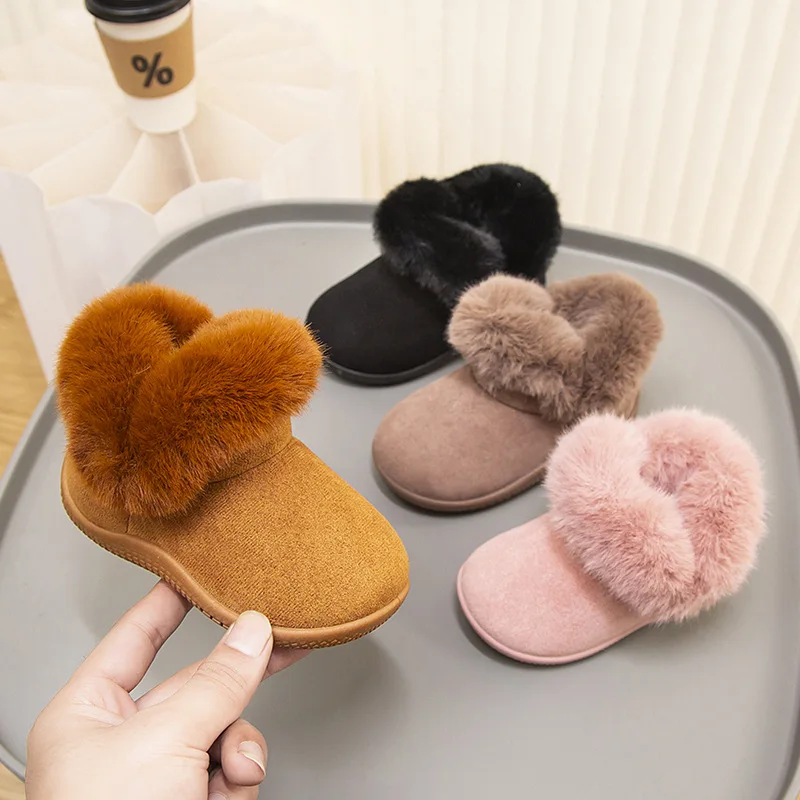 

Children Winter Snow Boots Girls Add Velvet Thick Soles Keep Warm Soft Soled Cotton Boots Boys Low Top Casual Furry Solid Color