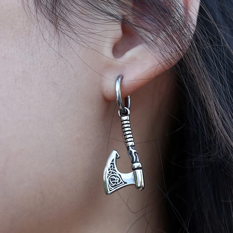 One Set Vintage Ax Fashion Weapon Earrings Nordic Men Teen Stainless Steel Odin Ax Raven Jewelry Stud Earrings Personality Gift